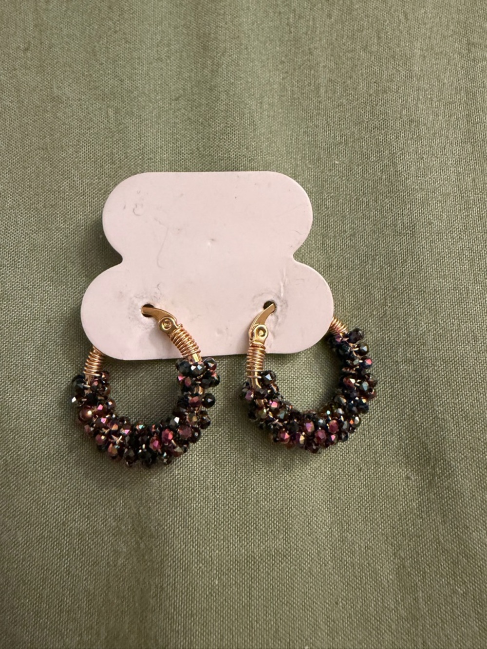 Gold Wire Hoop Earrings with Pink and Black Beaded Accents